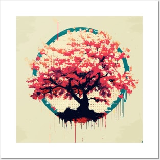 Pixel vintage graffiti japan cherry blossom tree Posters and Art